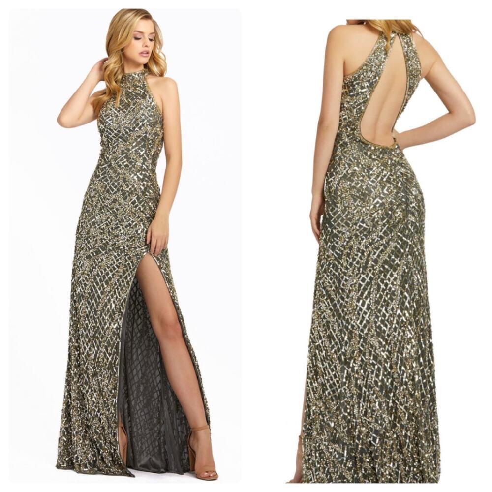 Mac Duggal 4112 Sequin Halter Open Back Gown Dress Platinum Gold Size 10 NWT
